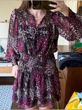 White House Black Market Black and Purple Floral Long Sleeve Dress